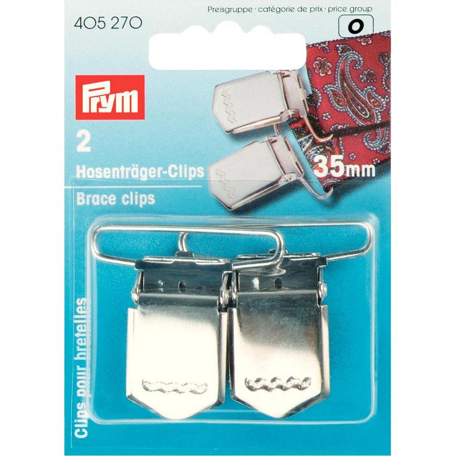 Prym Hosenträger-Clips 35 mm silberfarbig – 2 Stück auf weißem Hintergrund